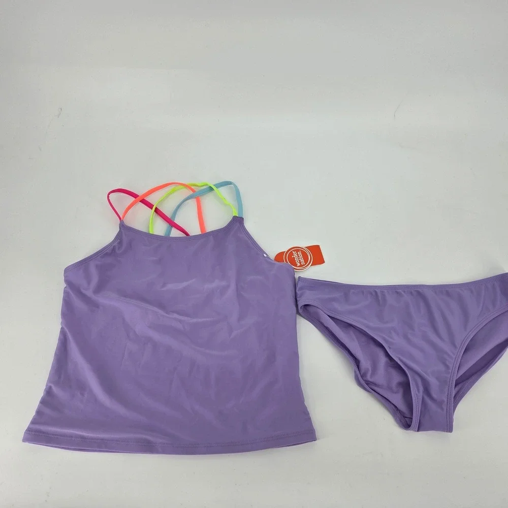 Wonder Nation Girls Purple Tankini Swimsuit Set Neon Straps XXL 18 UPF 50+ NEW